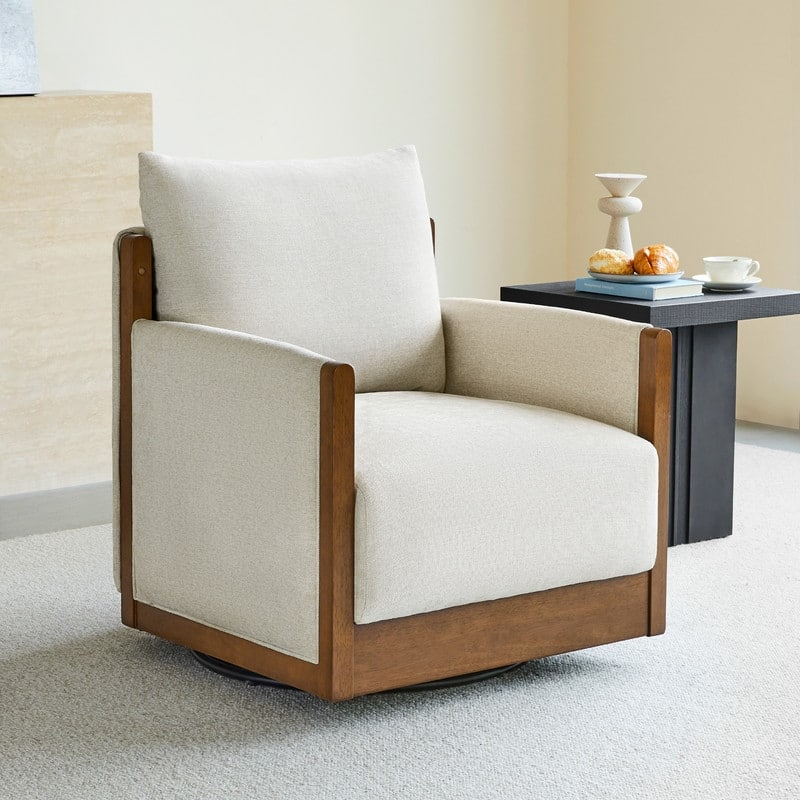 Carina Upholstered Swivel Accent Barrel Chair with Wood Frame - Single - Linen&Walnut