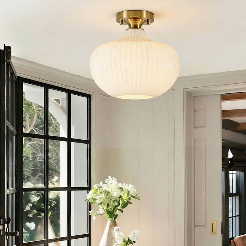 1-Light Modern Elegant Ribbed Glass Flush Mount with Brushed Brass/Matte Black Finish for Bedroom & Foyer