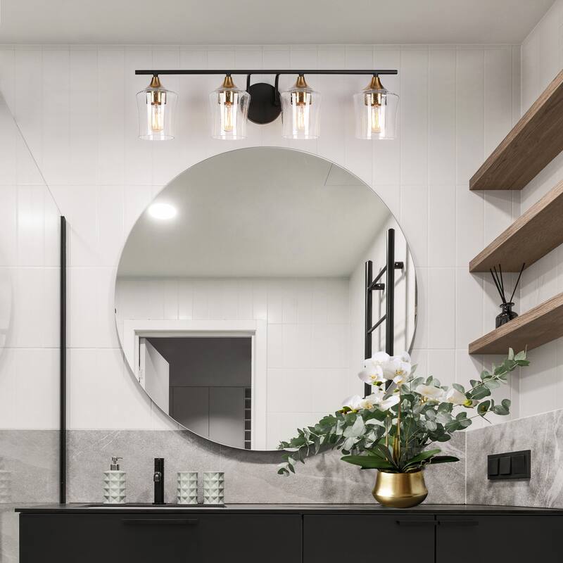 Modern Black Gold 2/3/4-Light Linear Bathroom Vanity Lights with Seeded Glass