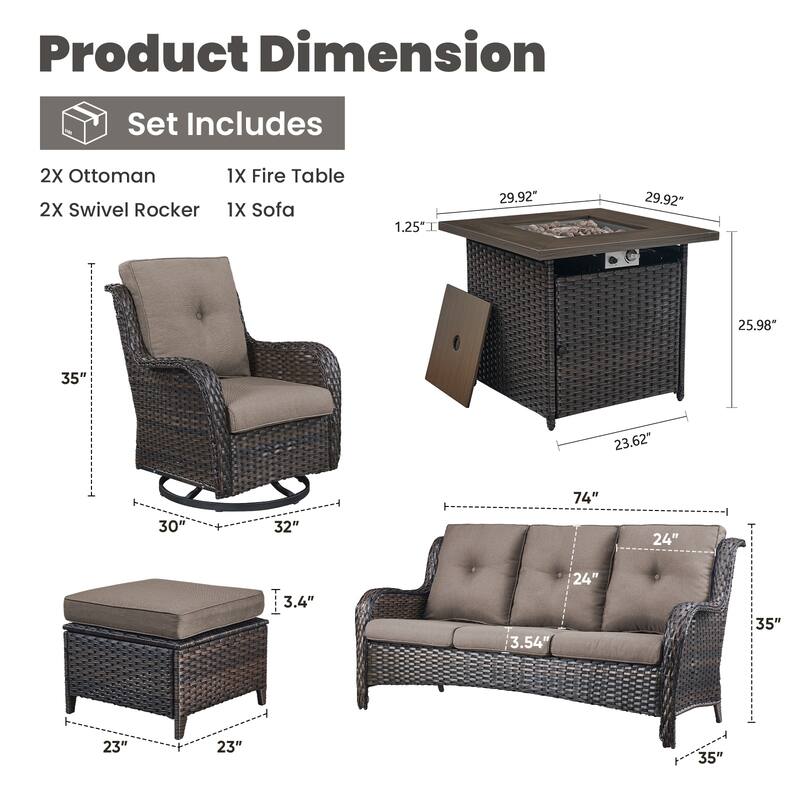 Gymojoy 6-Piece Outdoor Wicker Patio Furniture with Fire Pit Table, Rattan Coversation Set with Water Resistant Thick Cushions