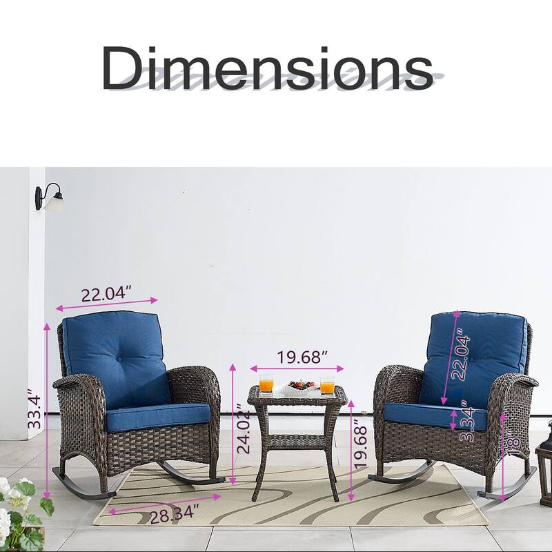 PlainCurve 3-Piece Wicker Outdoor Patio Conversation Set with Rocking Chairs and Olefin Cushions