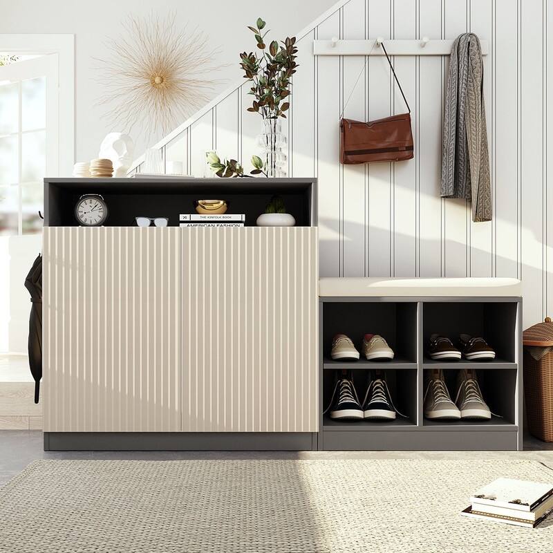 Entryway Bench Cabinet With Cushion, 2 Doors and 3-Tier Adjustable Shelves for Entryway Organization