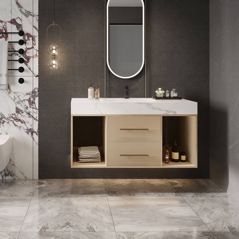 39.4"Floating Bathroom Vanity with Ceramic sink,Wall Mounted Vanity 2 Soft Close Drawer and white Slate top - White+Wood