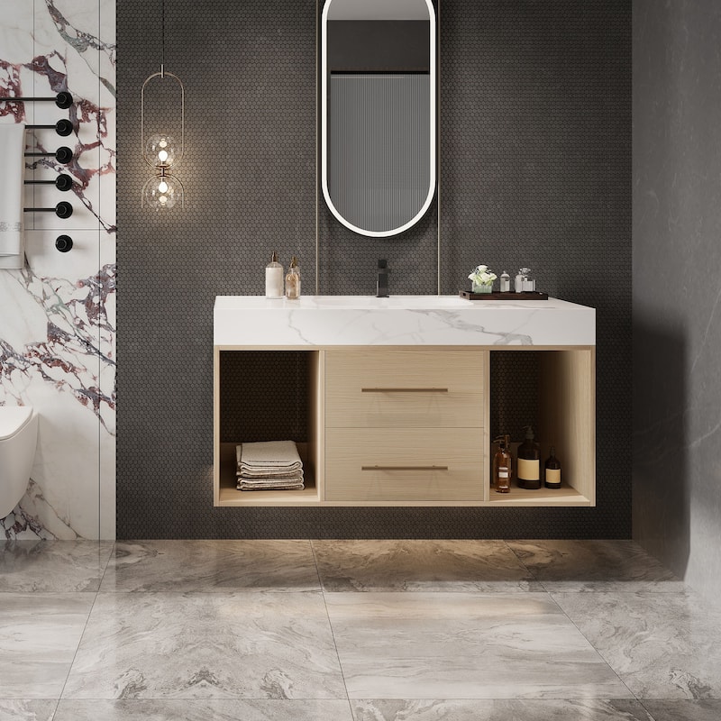 GDFStudio - Modern 39.4" Wall Mounted Floating Sintered Stone Bathroom Vanity with Seamless Ceramic Sink & Soft-Close Drawers