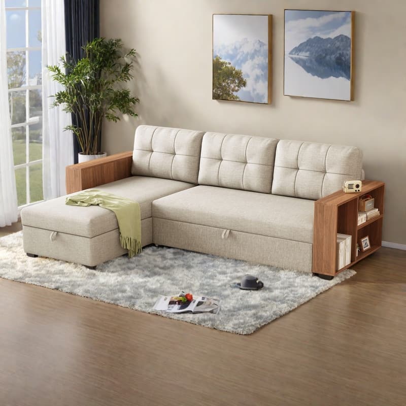 84" Linen Upholstered Sectional Sofa with Wooden Handrails, Pull-Out Bed and Storage Chaise - Beige