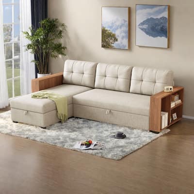 84" Linen Upholstered Sectional Sofa with Wooden Handrails, Pull-Out Bed and Storage Chaise