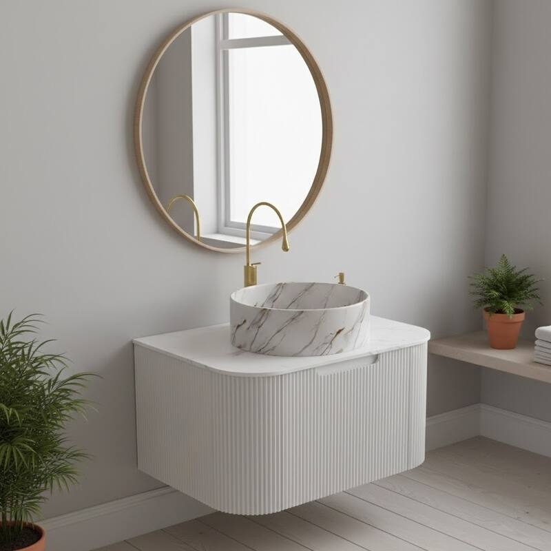 Floating Bathroom with Round Ceramic Basin and Storage Drawer