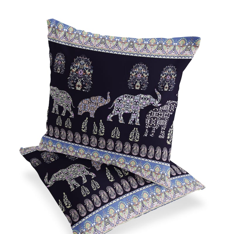 HomeRoots Set of Two 16" X 16" Blue and Purple Elephant Blown Seam Paisley Indoor Outdoor Throw Pillow