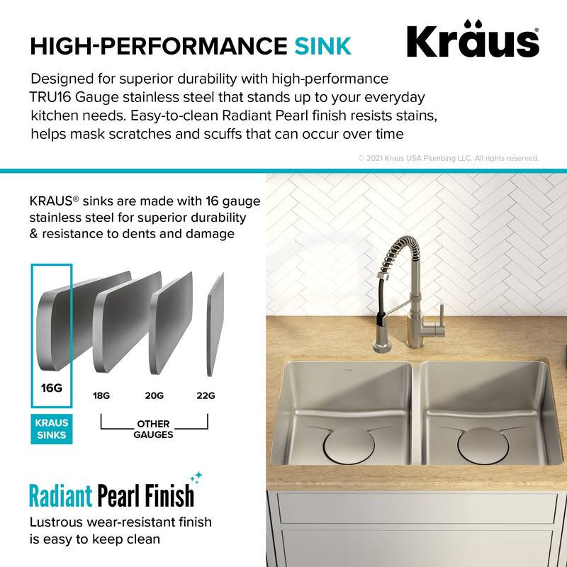 Kraus Dex 33" Double Basin 16 Gauge Stainless Steel Kitchen Sink for