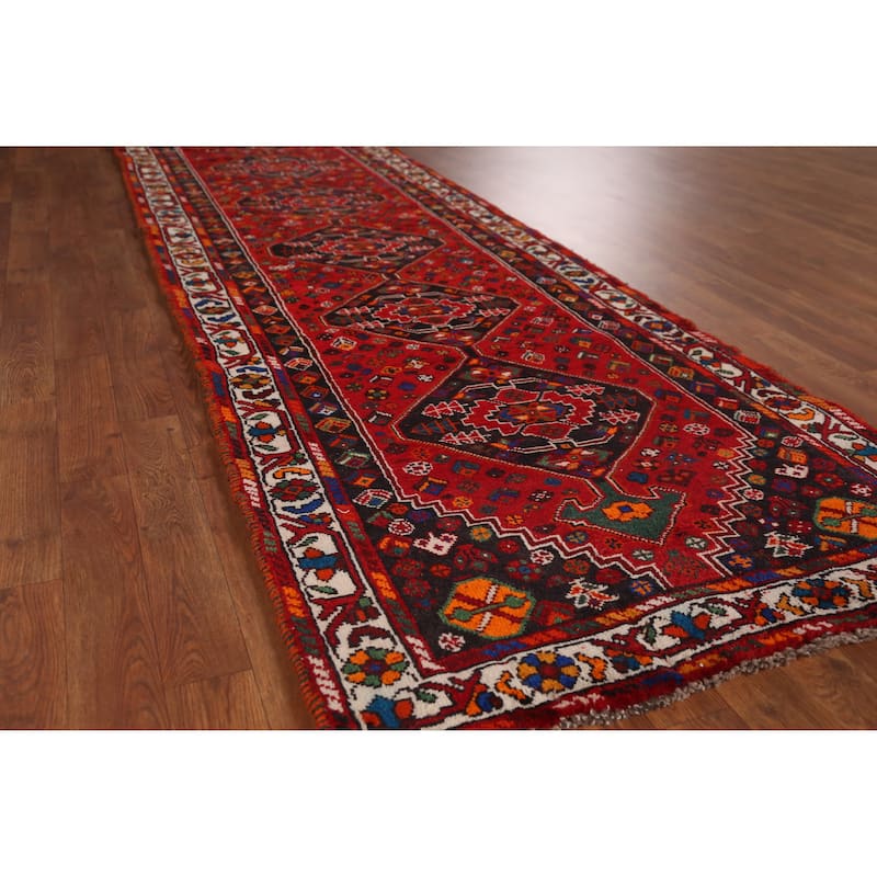 Hand Knotted Oriental 100% Wool Carpet Traditional Tribal Red Shiraz Runner Rug - 10' 8'' X 3' 2''