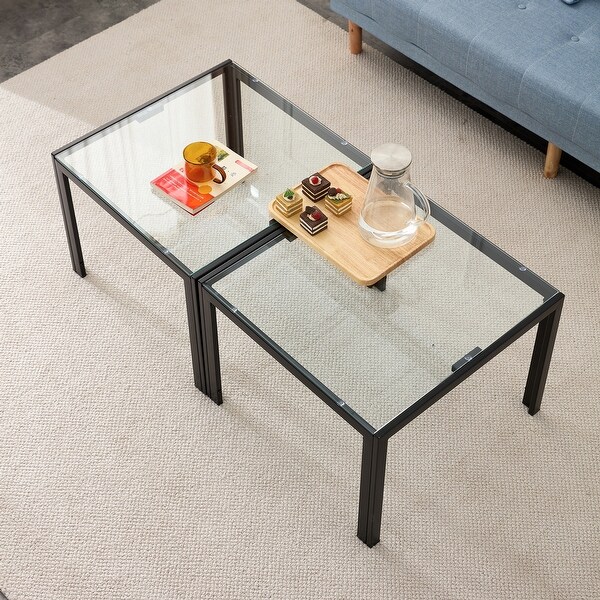 Coffee Table Set of 2, Square Modern Table with Tempered Glass