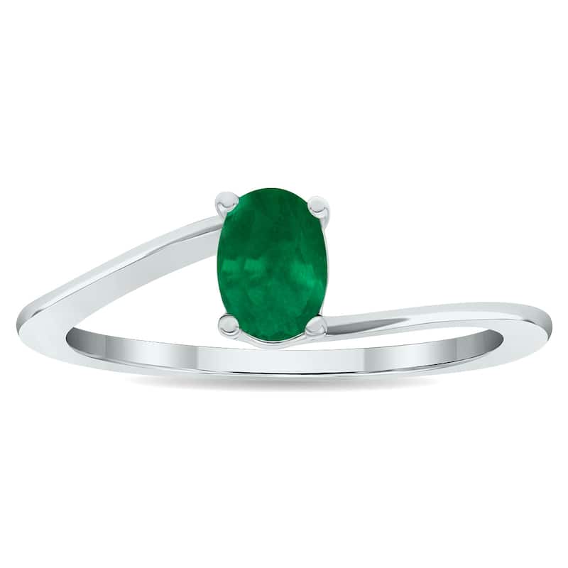 Women's Solitaire Emerald Wave Ring in 10K White Gold