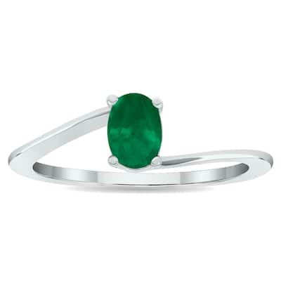 Women's Solitaire Emerald Wave Ring in 10K White Gold