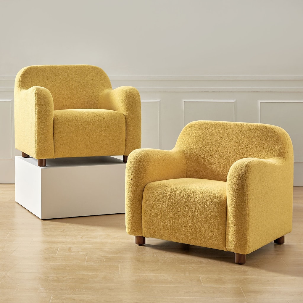Wayne 35" Wide Boucle Upholstered Teddy Accent Chair with Solid Wood Legs Set of 2 by HULALA HOME