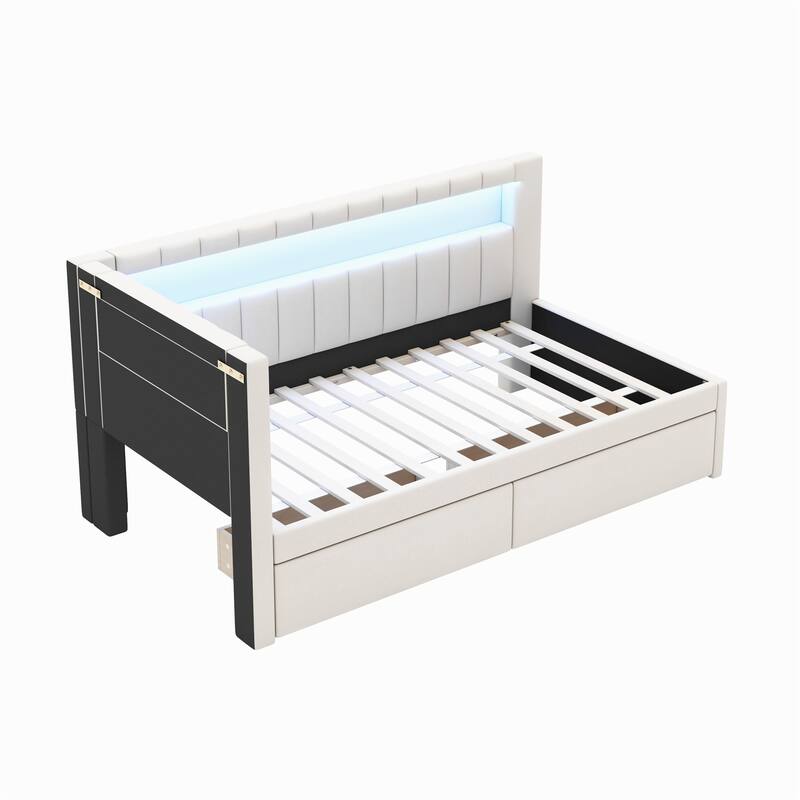 Upholstered Twin Size Platform Bed with USB Ports and LED Belt, With 2 Drawers