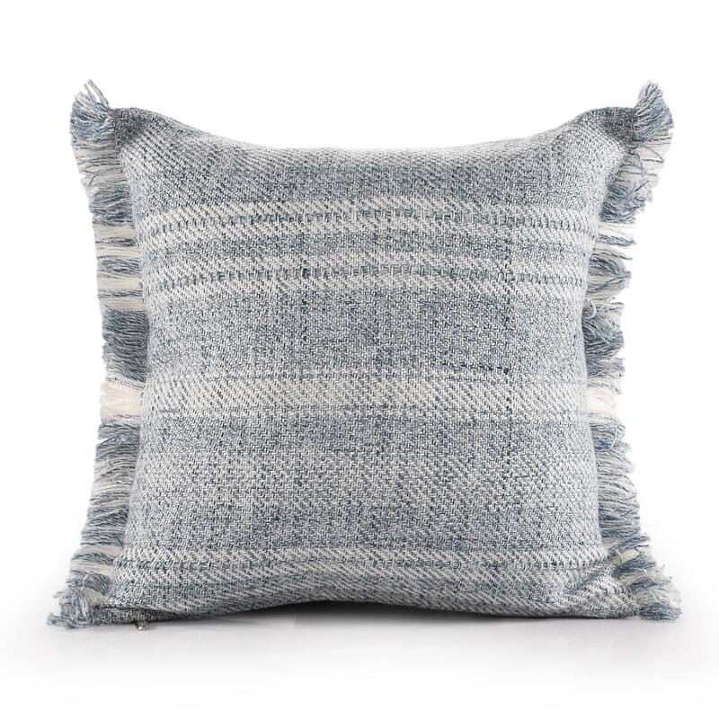 Sevita Hand-Woven Denim Blue/Ivory Striped Polyester Indoor/Outdoor Throw Pillow
