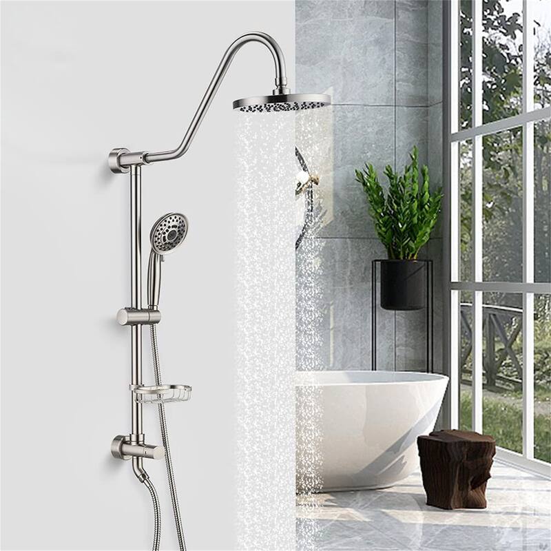 Wall Mount Exposed Pipe Shower System With Handheld Sprayer 8 Inch Rain Shower Faucet Kit Set Brushed Nickel NOT INCLUDED VALVE - Brushed Nickel