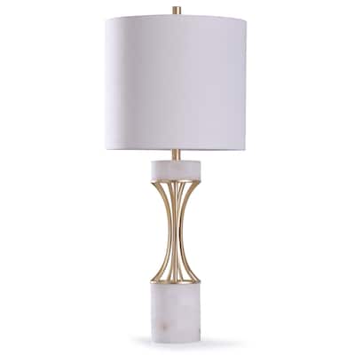 StyleCraft Abyaz Gold Concave Metal Table Lamp with White Marble Accent and White Drum Shade