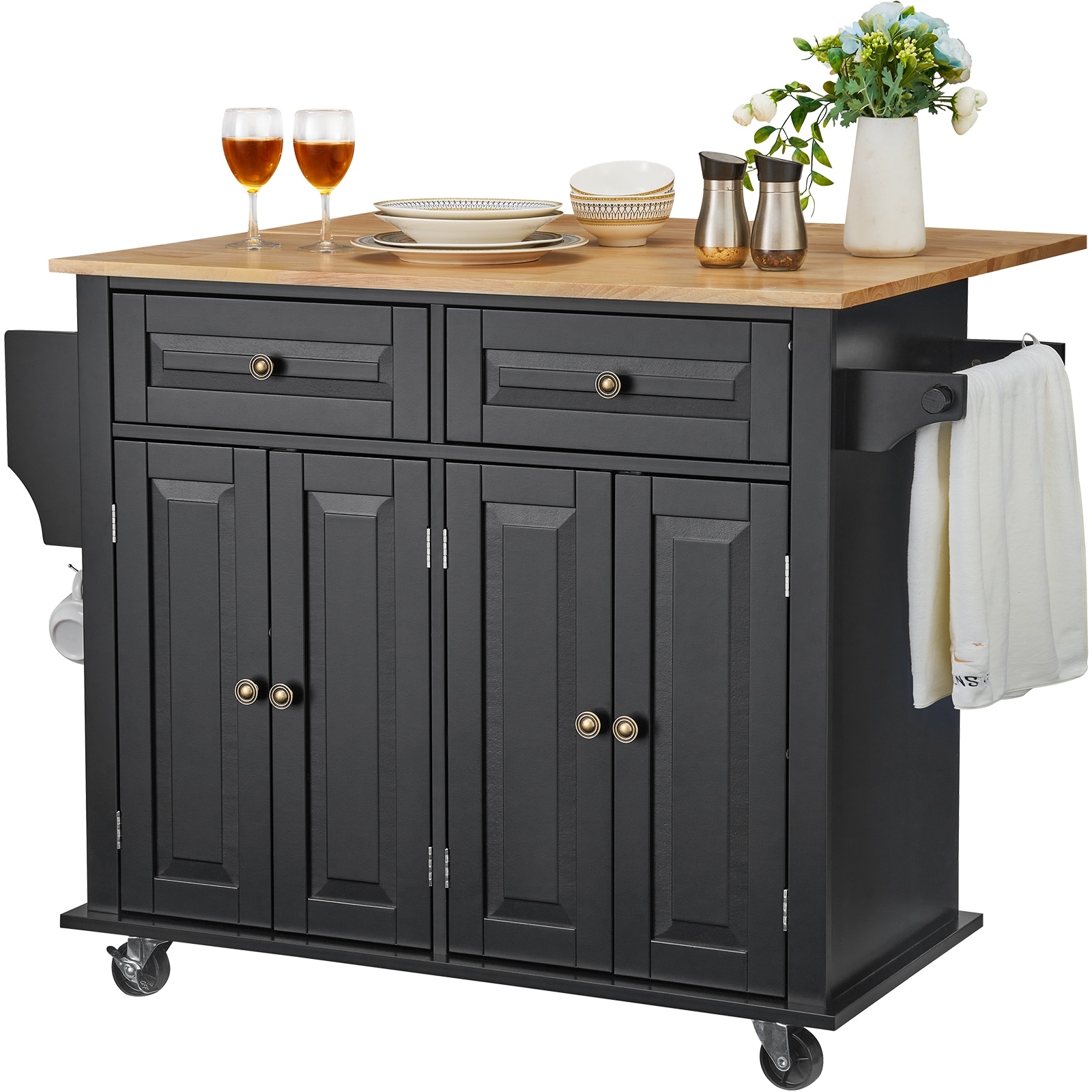 Rolling Storage Cabinet on Wheels with Drawer & Shelves, Kitchen Island Cart with Spice Rack & Towel Rack