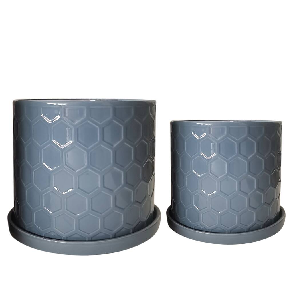 Set of 2 10, 12" Honeycomb Planter with Saucer, Gray 10"H - 12.0" x 12.0" x 10.0"