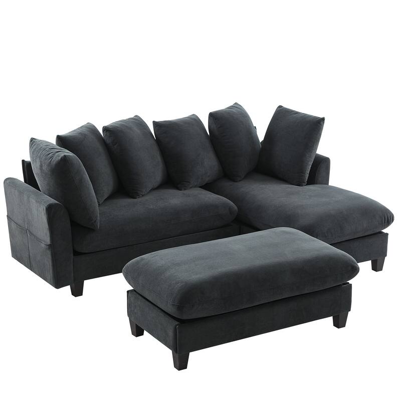 83" L-shaped Sectional Sofa with Storage, Ottoman, Pillows, Black Chenille Upholstery