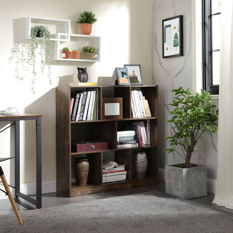 Rustic Brown 8-Cube Bookshelf with Open Storage Compartments for Living Room Study or Office - 35.4"L x 11"W x 39.4"H