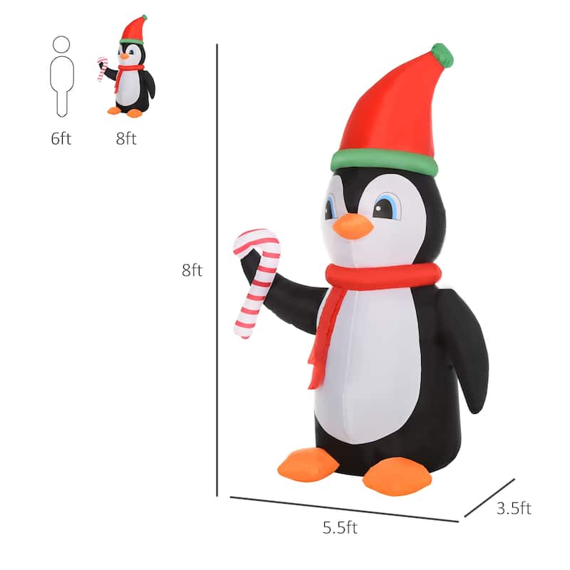 HOMCOM 8 ft. Penguin Inflatable Christmas Decoration with Candy Cane, Outdoor Blow-Up Cute Christmas Decoration