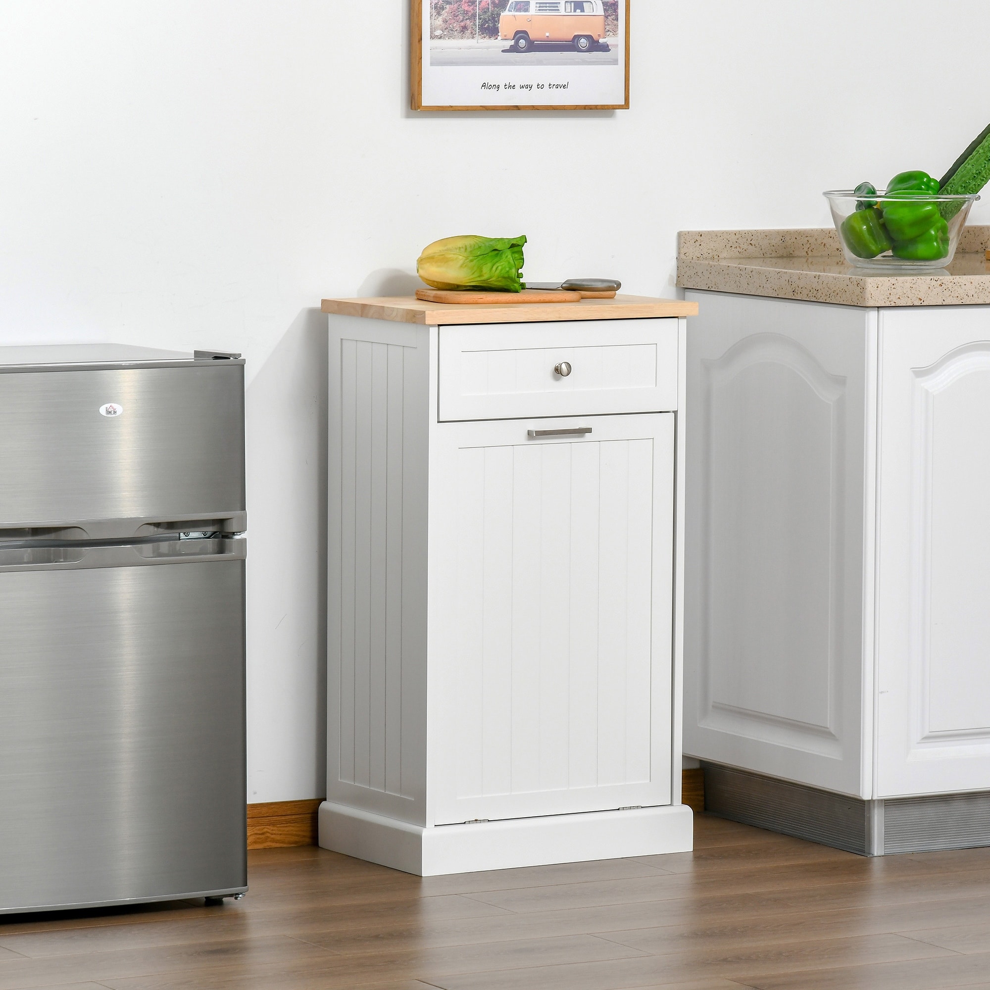 Under the top cabinet trash can