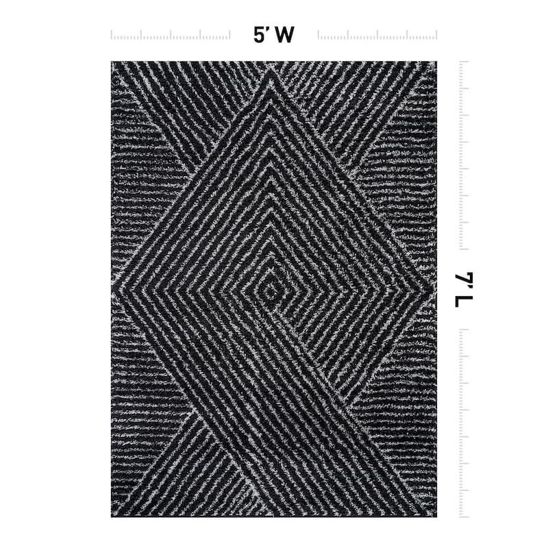 Minimal Stripe Geometric Shag Rug - Anthracite Dark Gray - Medium Pile - Cozy & Modern