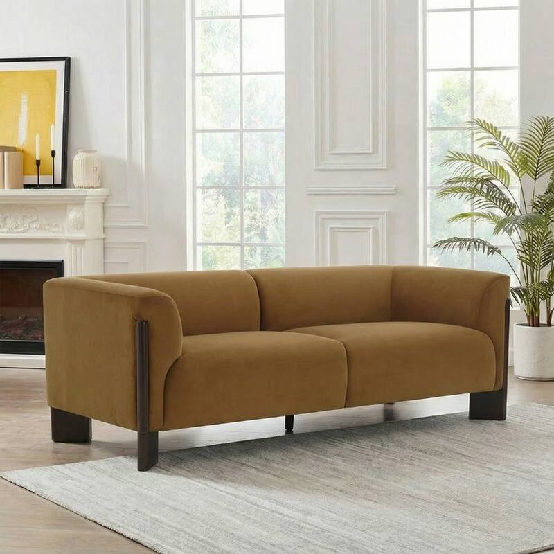 Modern Oversized Sofa Loveseat with Wood Legs - Orange/Velvet