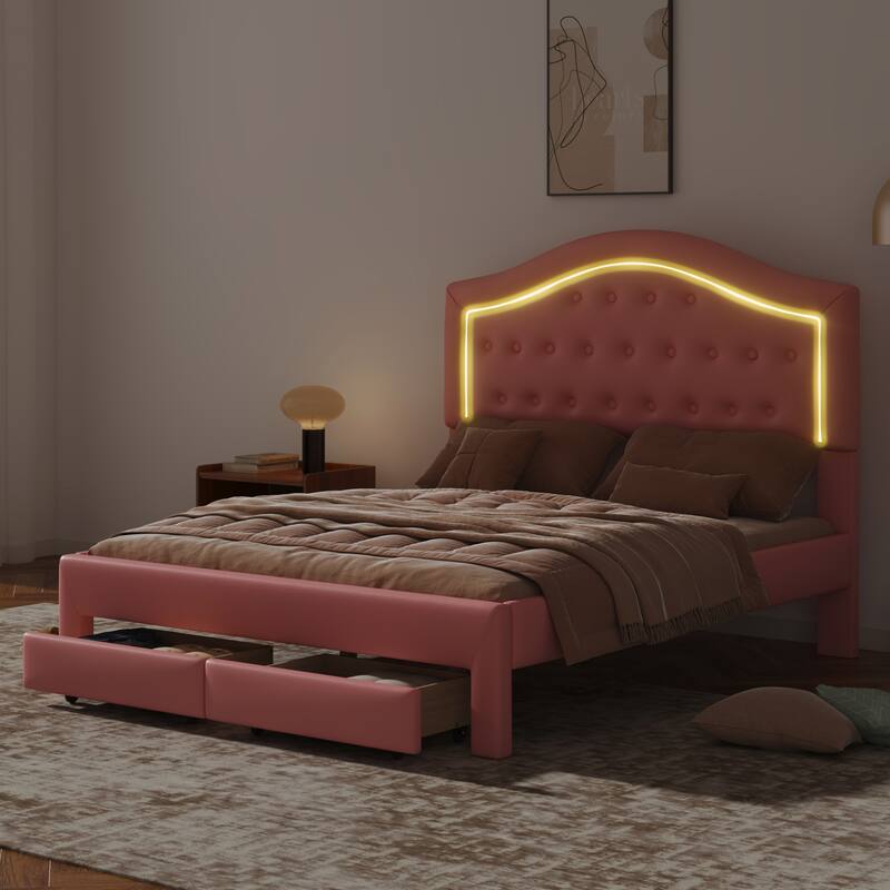 Upholstered Platform Bed with Tufted Headboard, LED and 2 Drawers, Pink