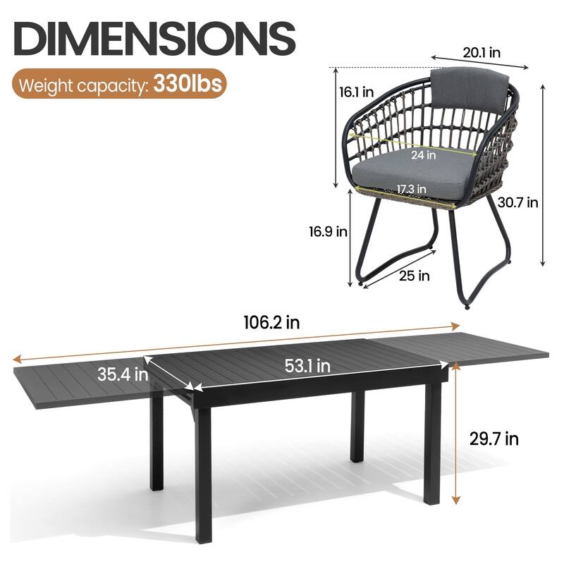 11 Piece Set Outdoor Aluminum Expandable Rectangle Patio Dining Table Set with Rattan Chairs