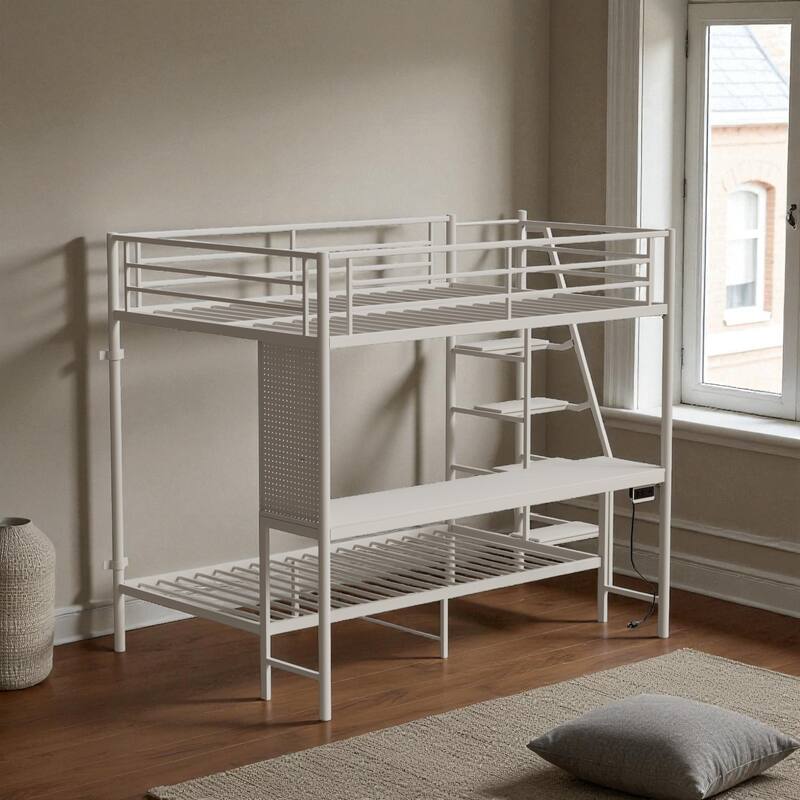 Full Size Loft Bunk Bed with Twin Space, Desk, RGB LED Lights, Charging Station, Storage Shelves and Safety Guardrails