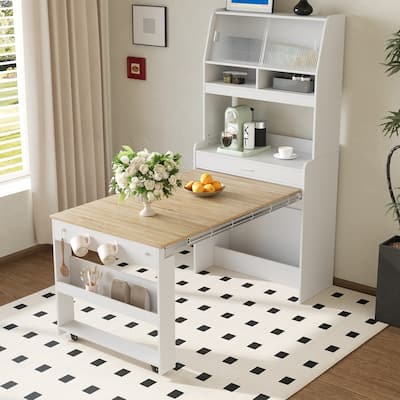 Multifunctional Buffet Hutch and Foldable Dining Table with Storage Unit and Rolling Wheels for Small Spaces