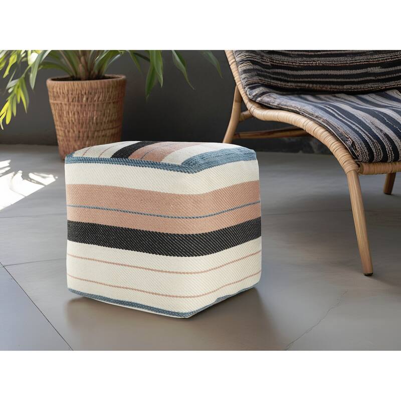 20" White Polyester Striped Indoor Outdoor Pouf Ottoman - Pink and White