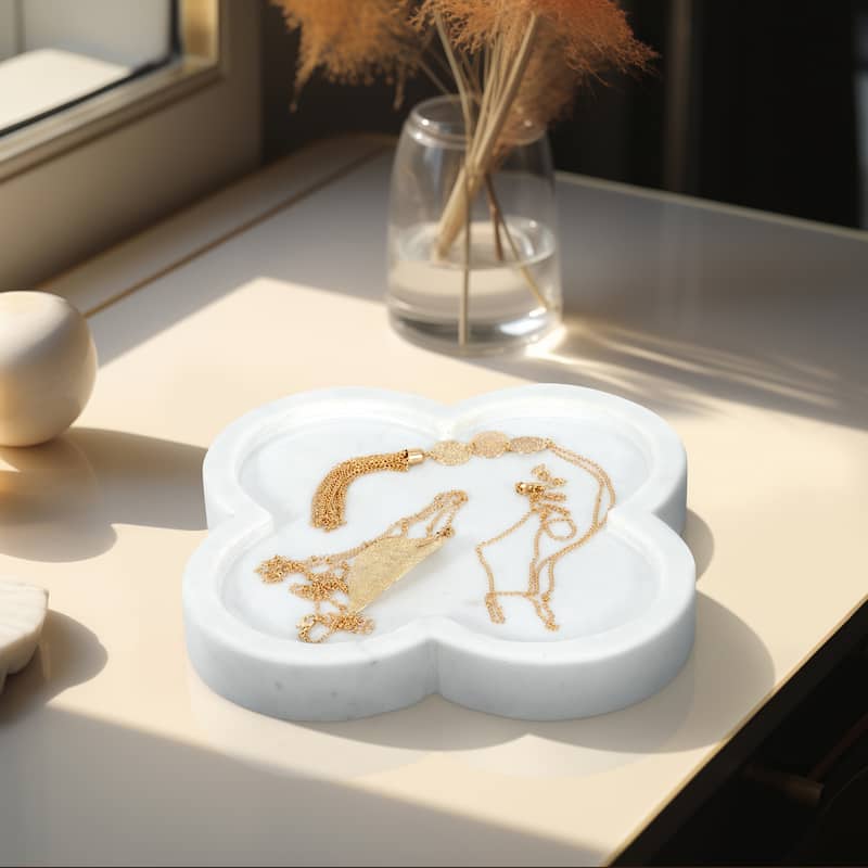 Sagebrook Home 8" Dyer White Marble Trinket Tray, Flower Shape, 1"H - 8" x 8" x 1" - Marble White - 8" x 8" x 1"