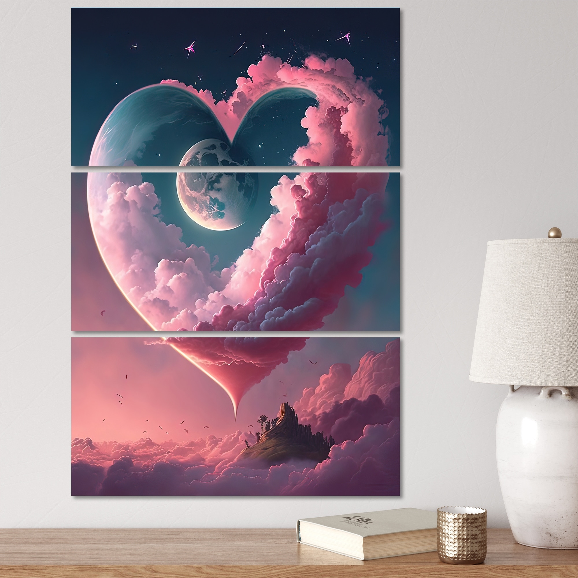 Designart Cotton Candy Cloud Heart IV Romantic Abstract Canvas Art Print - 3 Panels - 28 in. Wide x 36 in. High