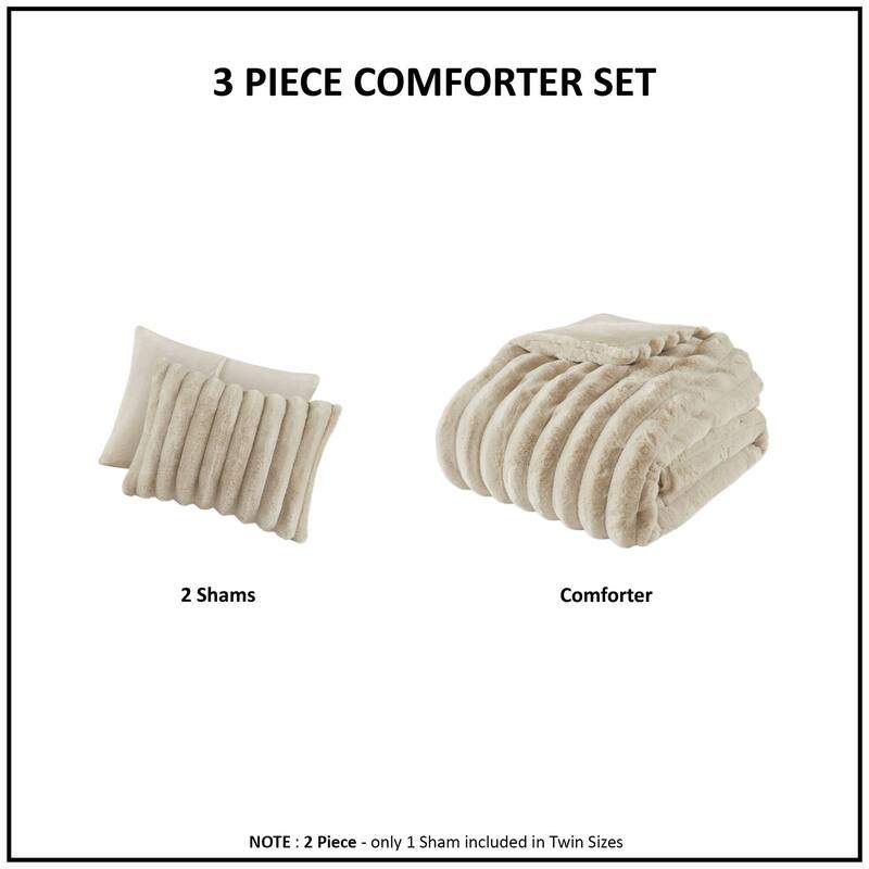3PCS Full/Queen Fluffy Faux Fur Comforter Set with Ribbed Texture and Velvet Backing