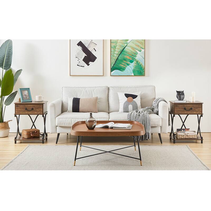 VECELO Mid Century Nightstand with Drawer & Open Shelf Curved X-Design Vintage Bedside Table for Bedroom and Living Room