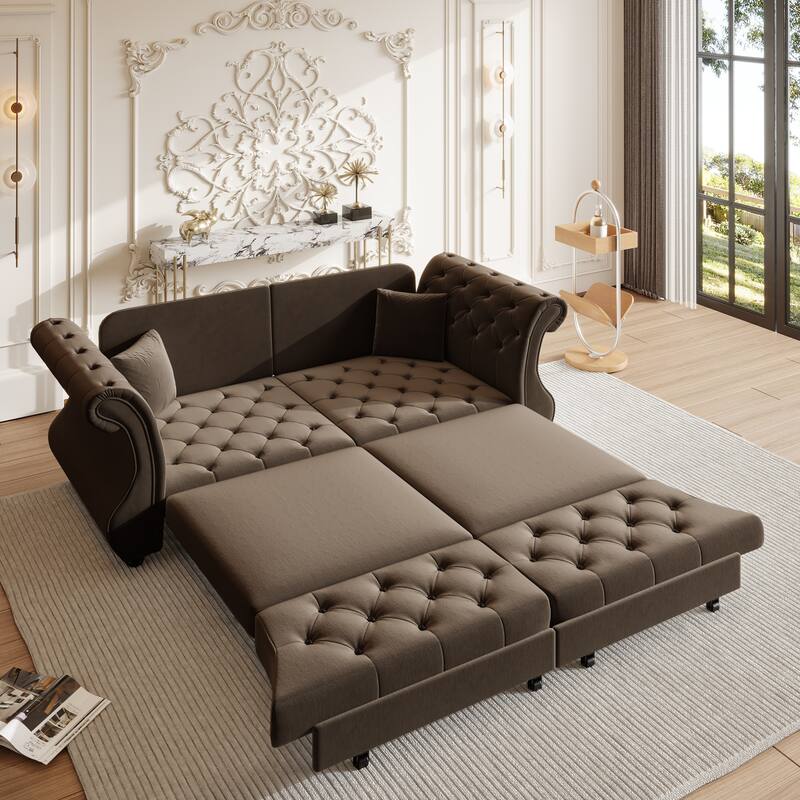 83.8" Chesterfield Velvet Pull-Out Sofa Bed, Classic Roll Arm Sleeper Couch with Elegant Flower Tufting