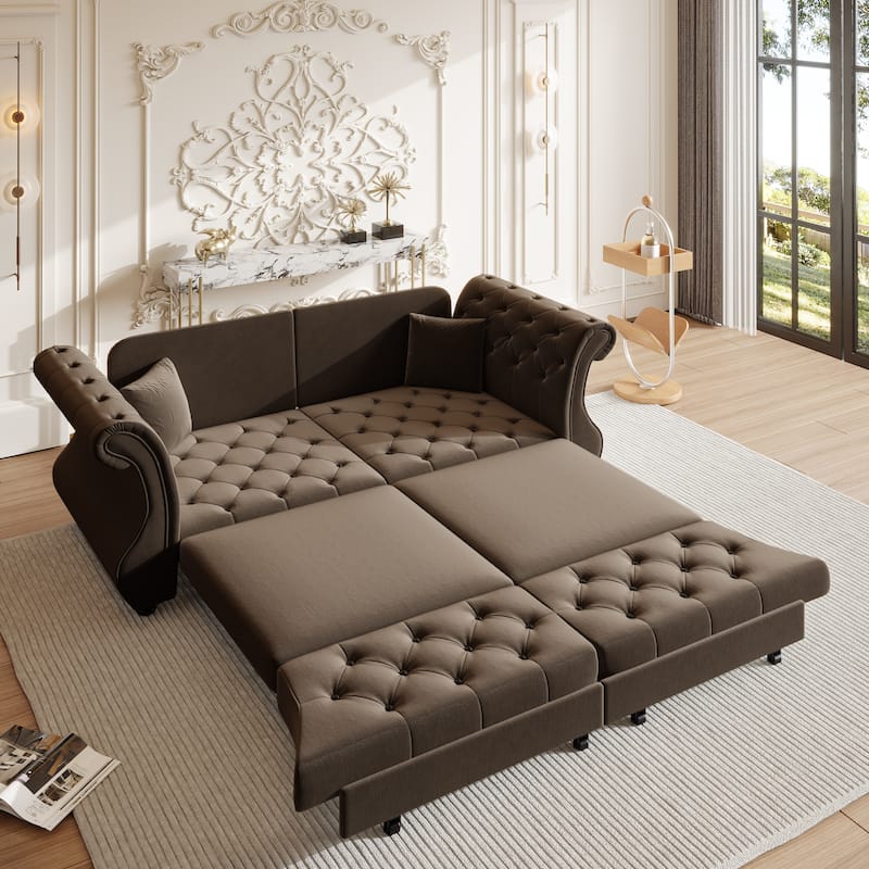 Chesterfield Pull Out Sofa Bed, Oversized 3-Seater/4-Seater Velvet Couch with Flared Arms, Convertible Sleeper Sofa