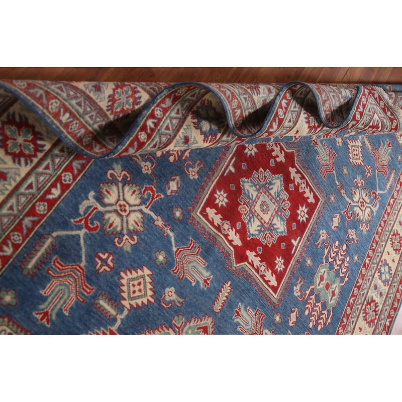 Geometric Kazak Area Rug Hand-Knotted Blue Wool Carpet - 6'7" x 9'8"