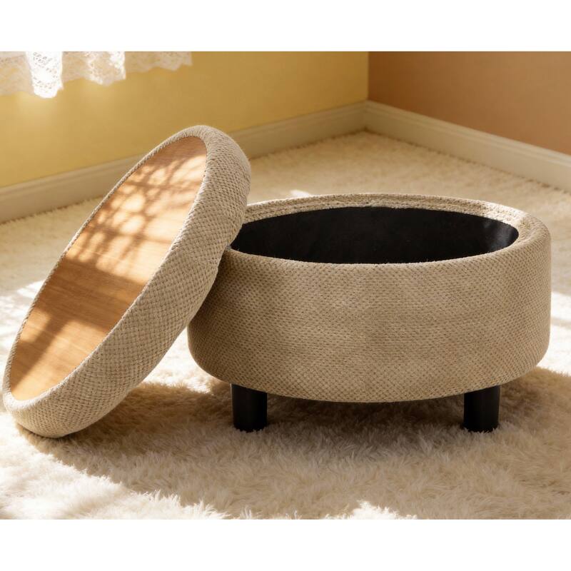 25"Round Storage Ottoman with Tray,ModernTufted Fabric Circle Coffee Table with Storage,Upholstered Ottoman with Removable Top
