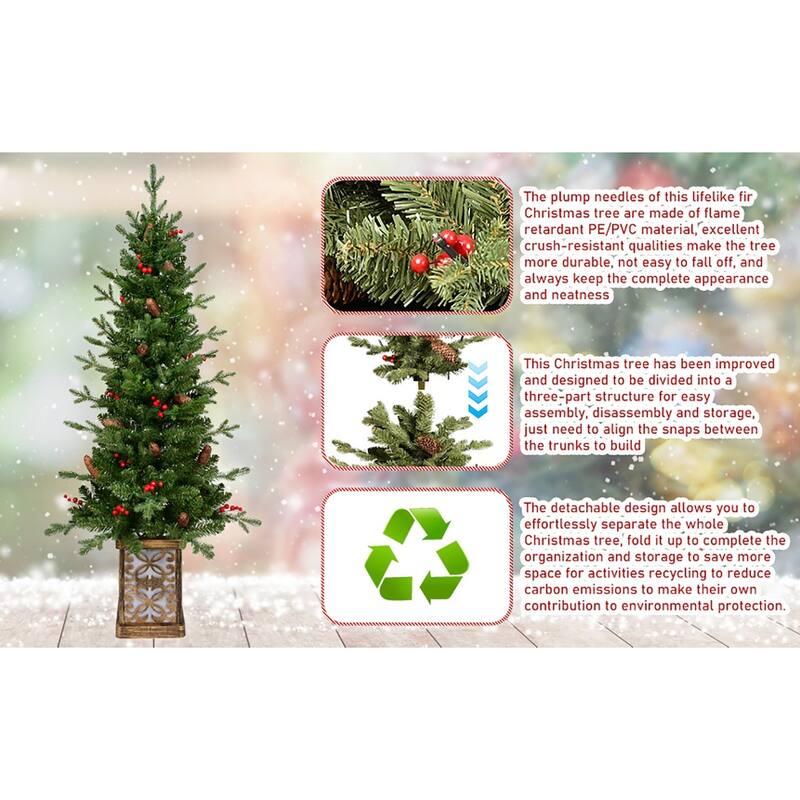 4FT Pre-Lit Green Christmas Tree with Glitter Base-100 Multicolor LED Lights,396 Tips,Berries & Pine Cones,PE/PVC Full Branches