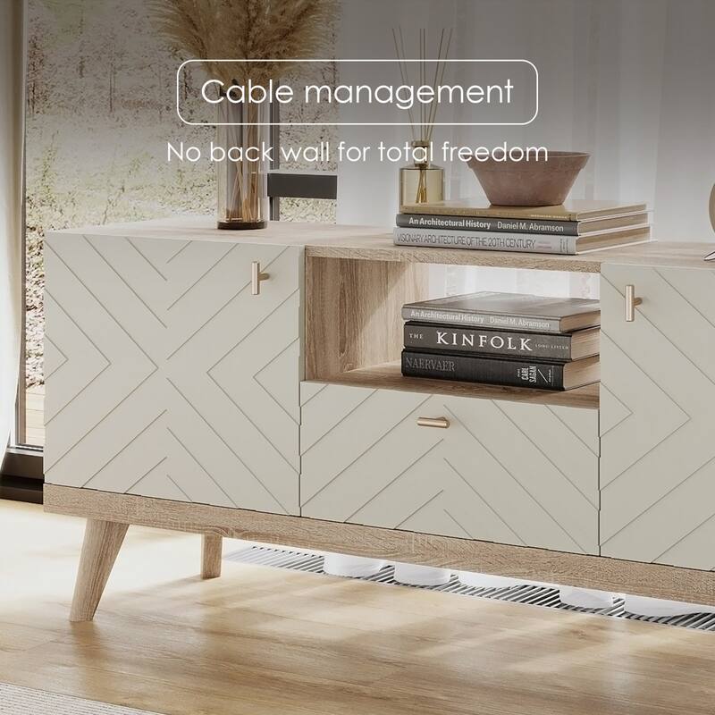 Living Skog Alba Beige TV Stand Console with Drawer Fits TV's up to 65 in. with Wood Legs Mid Century Modern Design