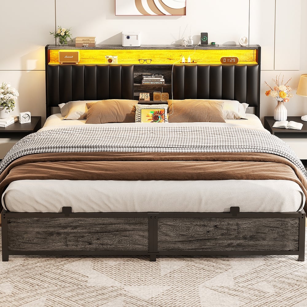 Upholstered Bed Frame with Storage Shelving, Platform Beds with Charge Station and LED Lights