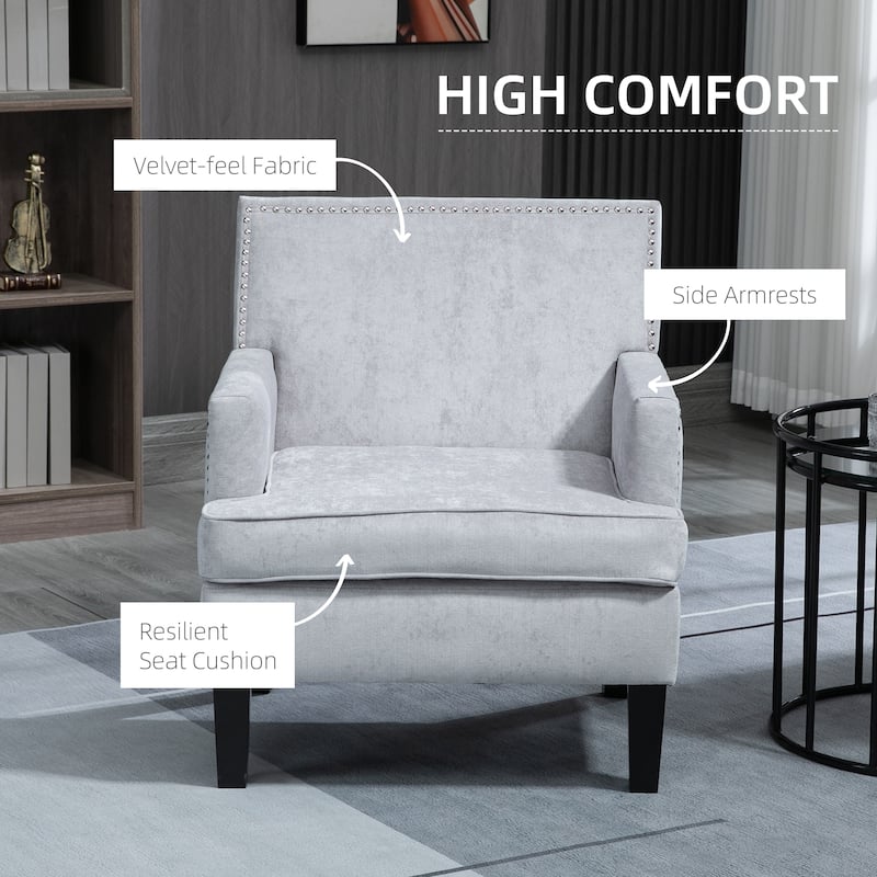 HOMCOM Modern Accent Chair, Upholstered Living Room Chair with Solid Wood Legs and Nailhead Trim, Dark Gray