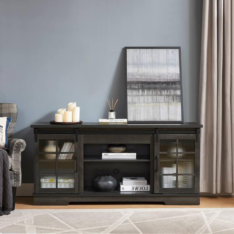 Multipurpose Sliding Door TV Stand Large Storage Cabinet with 2 Sliding Fluted Glass Tempered Doors, TV Up to 65''