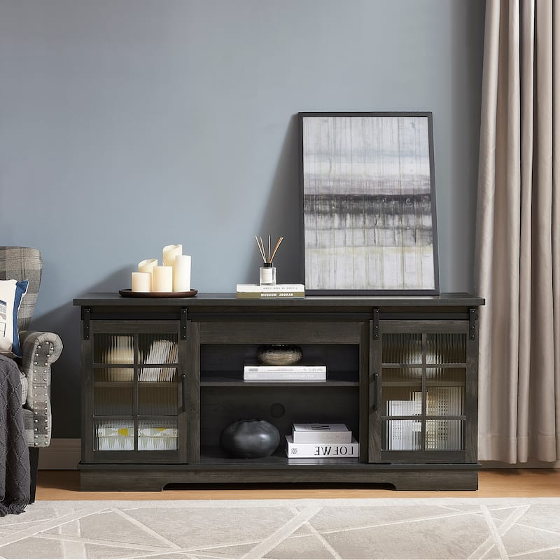 Multipurpose TV Stand, Console Table with 2 Sliding Fluted Glass Tempered Doors, Entertainment Center with Open Shelves