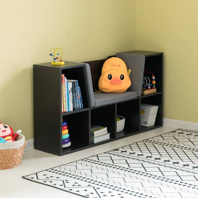 Modern Bookshelf with Storage Space and Gray Cushioned Reading Nook